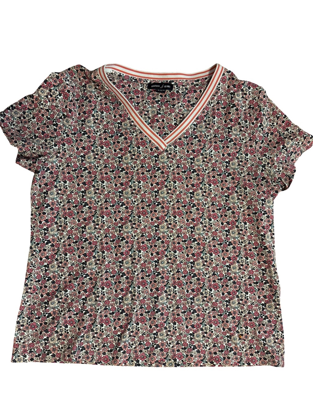 Nautica Pink Floral V-Neck Short Sleeve Top with Striped Trim